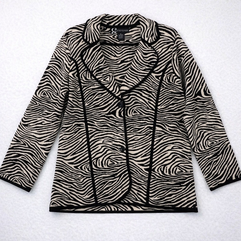 Sag Harbor Jacket 1X Black Beige Zebra Print Knit Jacket Animal Print